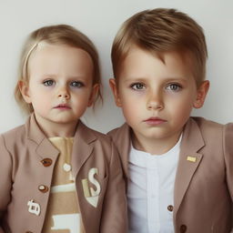 A charming image of a boy and girl with intense eye contact, each clothed in outfits that prominently showcase the letter 'S'.