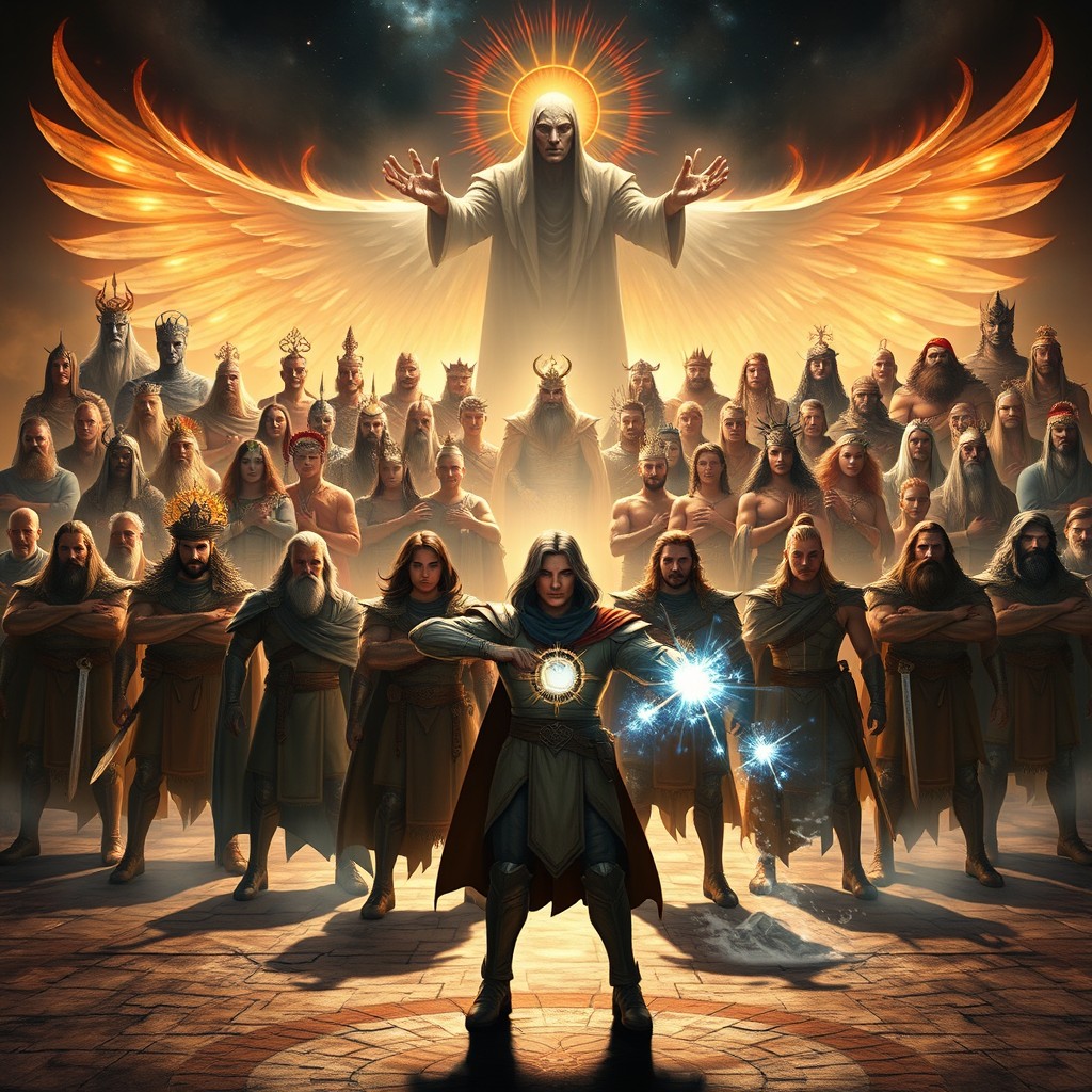 A grand scene depicting 13 heroes standing proudly in the foreground, with the main hero at the front, holding a space of light in one hand and a space of darkness in the other
