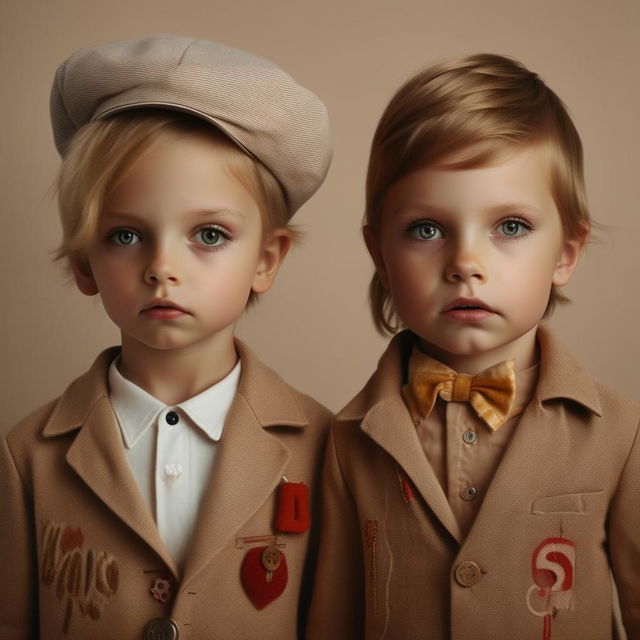 A charming image of a boy and girl with intense eye contact, each clothed in outfits that prominently showcase the letter 'S'.