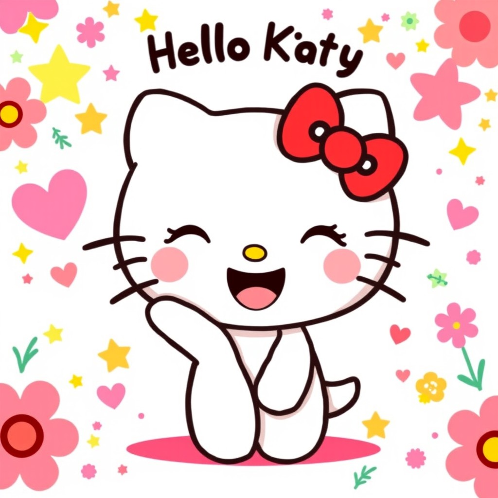 A cute and vibrant illustration of Hello Kitty, the iconic white cat character with a simple design, wearing her signature red bow on the left ear, smiling joyfully