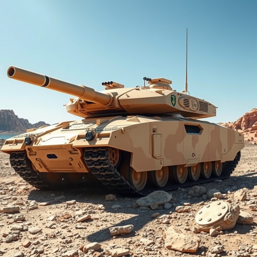 A futuristic 2030 tank inspired by the T90M design, showcasing sleek armor and advanced technology