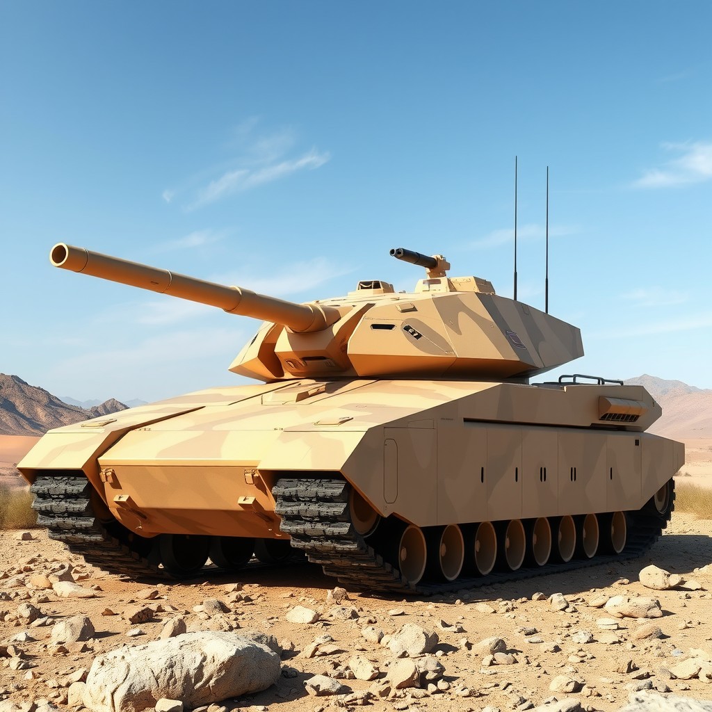 A futuristic 2030 tank inspired by the Leopard 2 design, featuring sleek, angular armor and cutting-edge technology