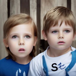 A charming image of a boy and girl with intense eye contact, each clothed in outfits that prominently showcase the letter 'S'.