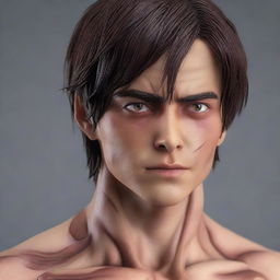 A hyper-realistic version of Eren Yeager from Attack on Titan with lifelike human features.