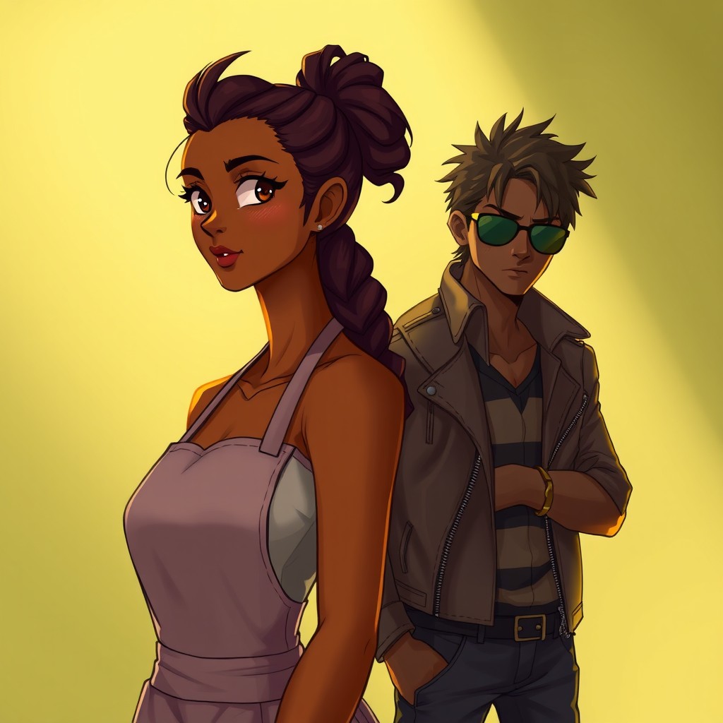 A scene depicting two characters standing at a distance from each other in a warm olive green background
