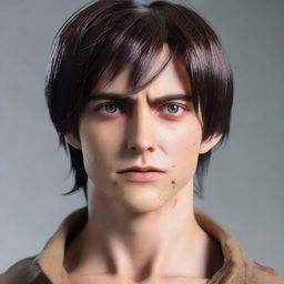 A hyper-realistic version of Eren Yeager from Attack on Titan with lifelike human features.