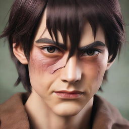 A hyper-realistic version of Eren Yeager from Attack on Titan with lifelike human features.