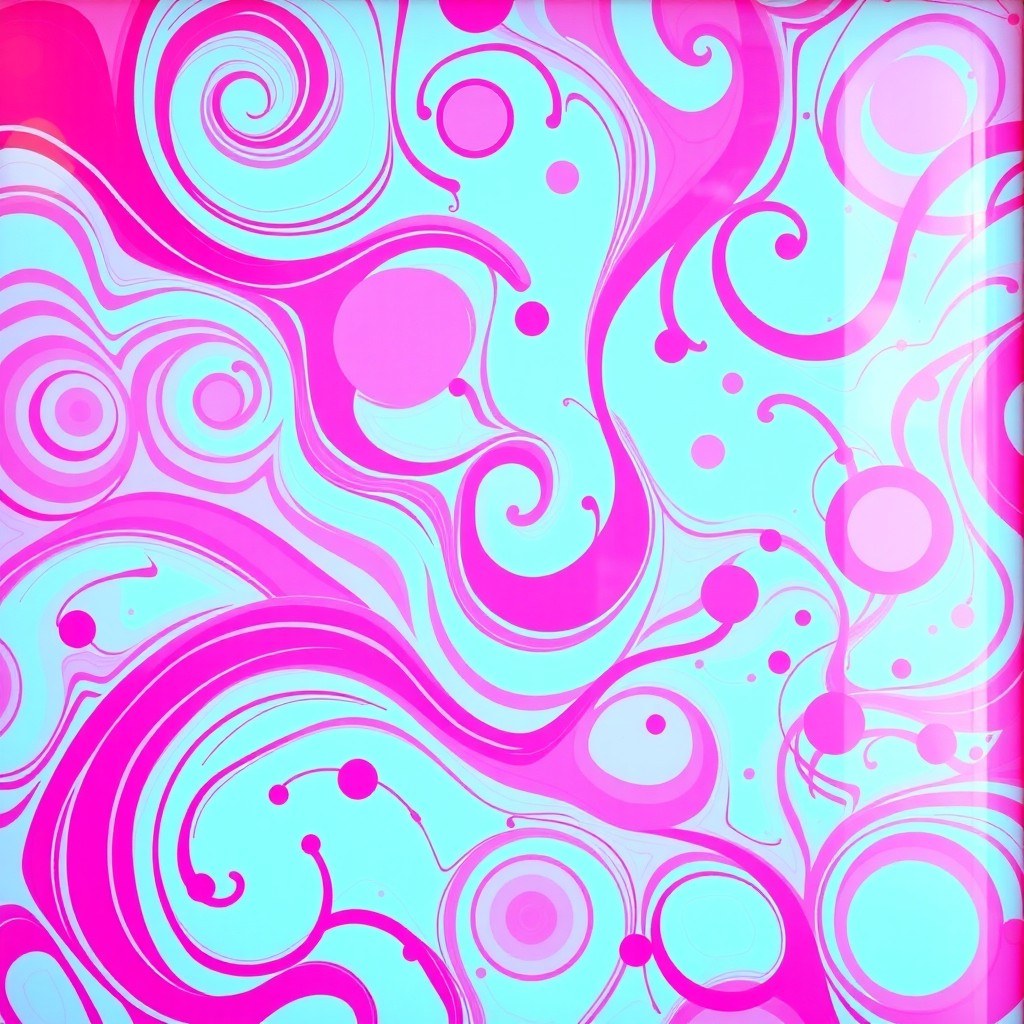 A vibrant and playful abstract artwork filled with various shades of pink, featuring swirling patterns and bold geometric shapes