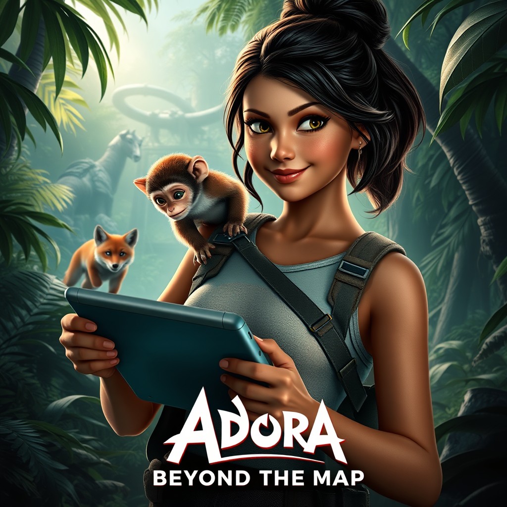 A hyper-realistic movie poster featuring a confident female explorer named 'Adora' as the central figure, holding a high-tech tablet