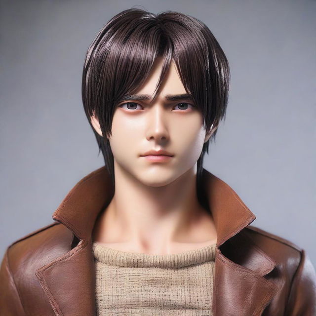 A hyper-realistic version of Eren Yeager from Attack on Titan with lifelike human features.