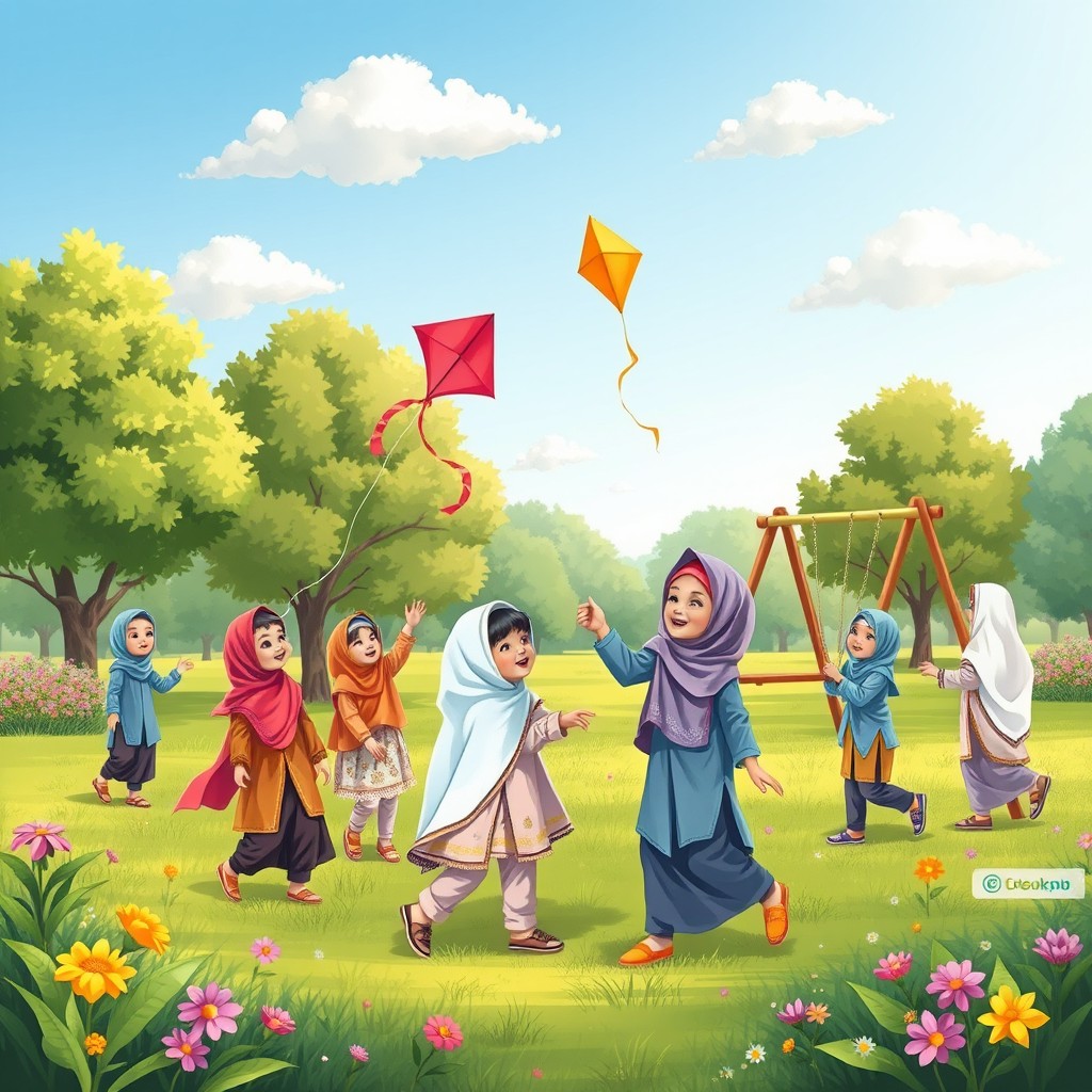 A vibrant, colorful scene depicting children playing in a park, wearing traditional Islamic attire such as hijabs and kurta, surrounded by lush greenery and blooming flowers