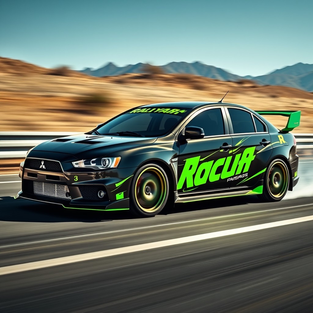 A stunning black Mitsubishi Lancer Evolution with bright neon green RallyArt lettering and accents