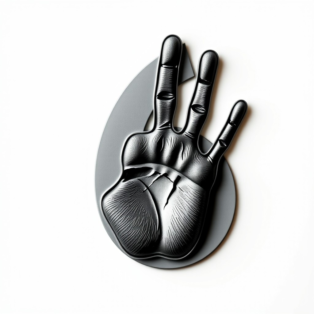 A stylized representation of the number 6 with an embossed handprint design overlapping it