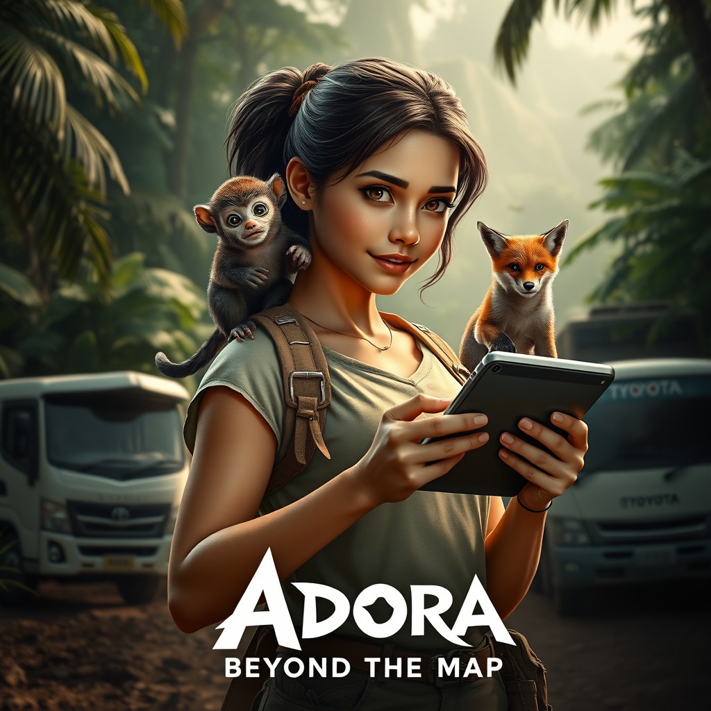 A hyper-realistic movie poster featuring a confident female explorer named 'Adora' as the central figure, holding a high-tech tablet