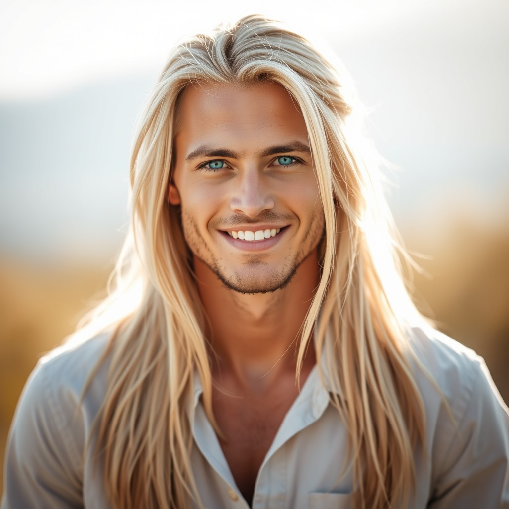 A striking portrait of a very attractive man with long, very blonde hair and captivating turquoise eyes