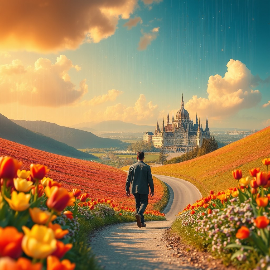 A stunning landscape featuring vibrant tulips in full bloom
