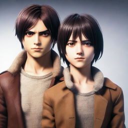 A hyper-realistic image of Eren Yeager with an MS burn haircut and Mikasa Ackerman from Attack on Titan, both depicted with lifelike human features.