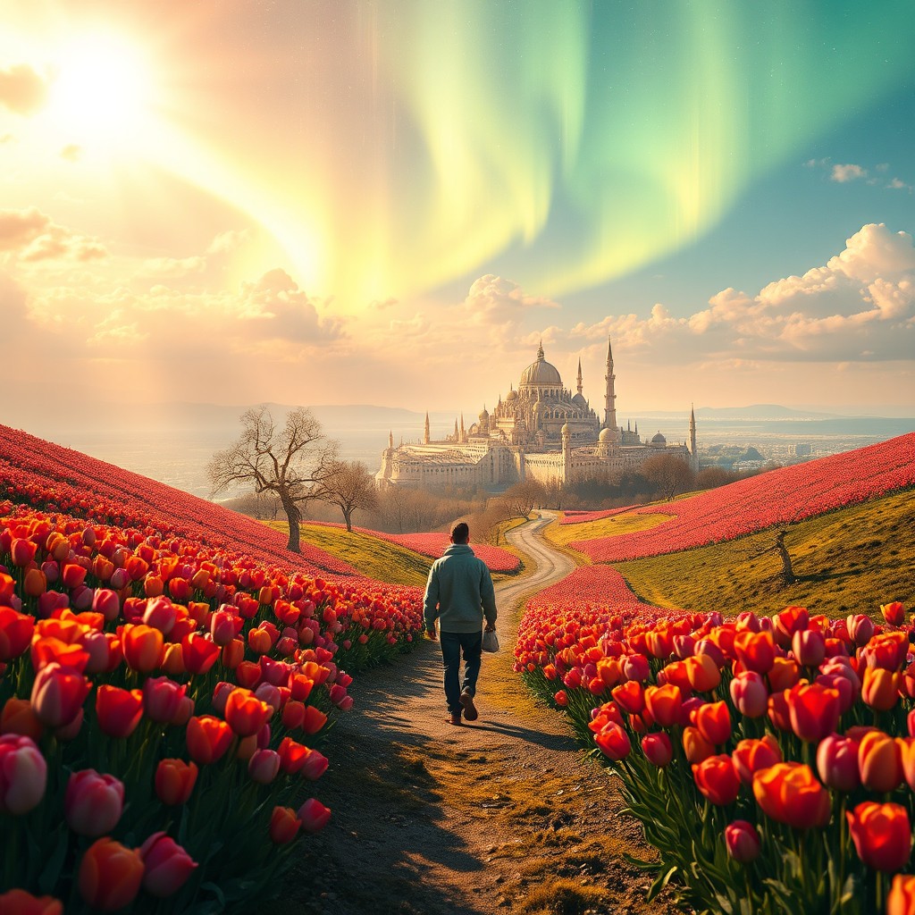 A breathtaking landscape adorned with vibrant tulips in full bloom