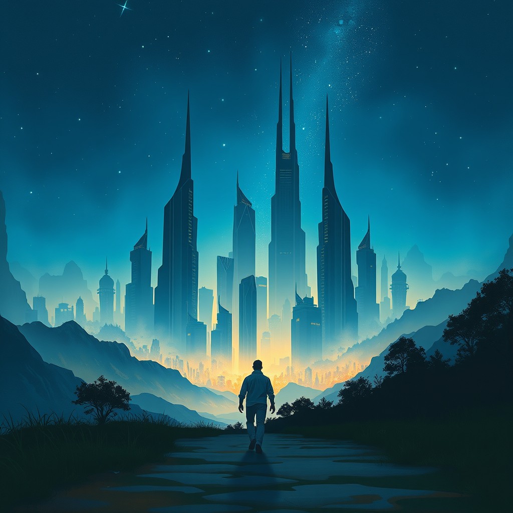 A painted scene of a solitary man walking towards a beautiful fantasy city, with silhouettes of skyscrapers towering against a night sky
