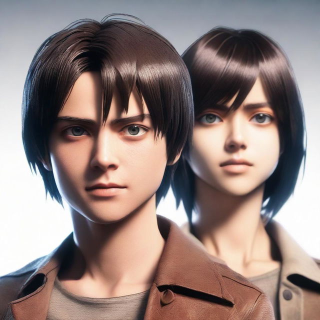 A hyper-realistic image of Eren Yeager with an MS burn haircut and Mikasa Ackerman from Attack on Titan, both depicted with lifelike human features.