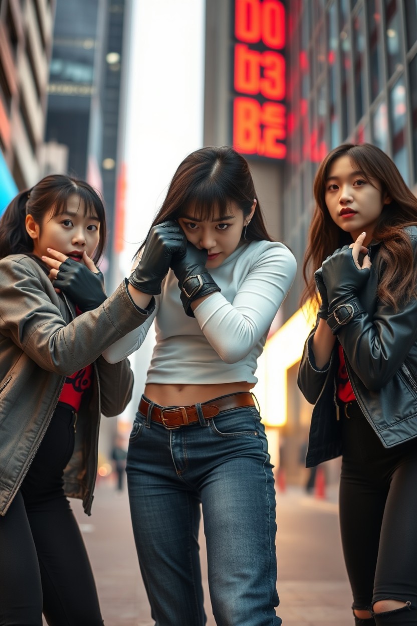 A dramatic scene featuring a South Korean girl wearing stylish jeans and black leather gloves, confidently gripping the throats of two other South Korean girls