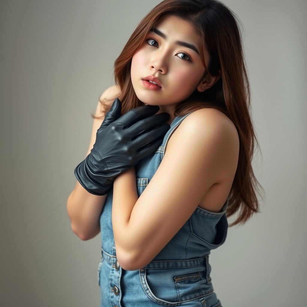 A South Korean girl wearing stylish denim jeans and black leather gloves, with a striking expression on her face