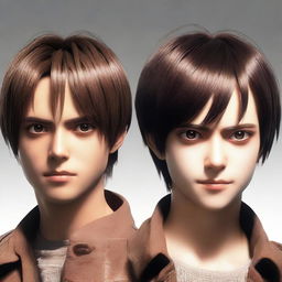 A hyper-realistic image of Eren Yeager with an MS burn haircut and Mikasa Ackerman from Attack on Titan, both depicted with lifelike human features.