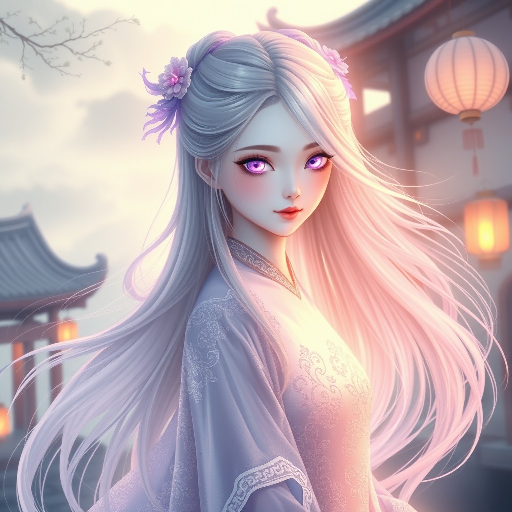 A beautiful Chinese ghost girl with snow-white skin, her eyes glowing with a mystical purple aura