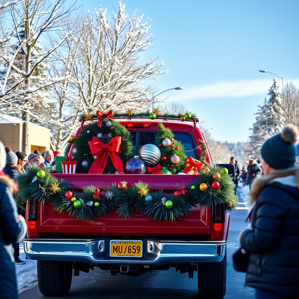 A festive pickup truck decorated with colorful Christmas ornaments and lights in the back, participating in a Christmas parade