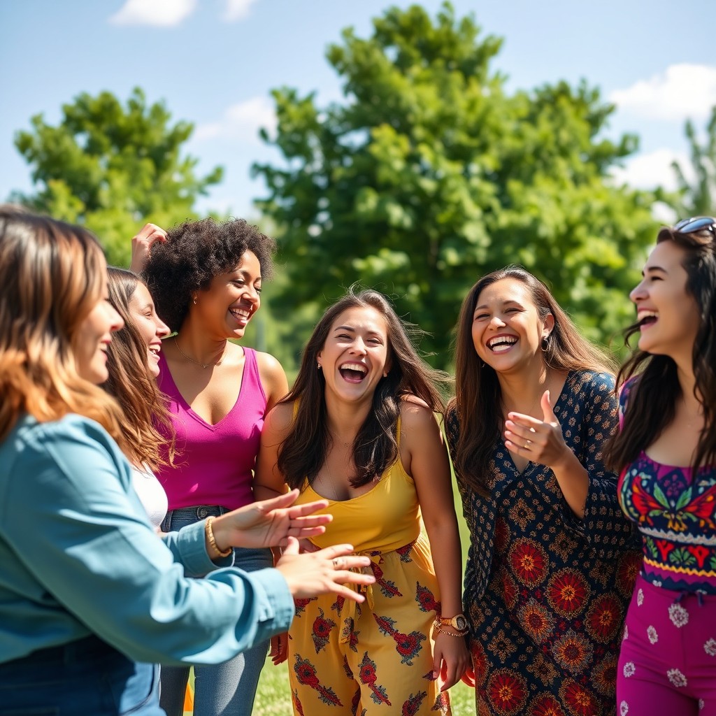 A vibrant and playful scene featuring a group of women engaging in fun activities together