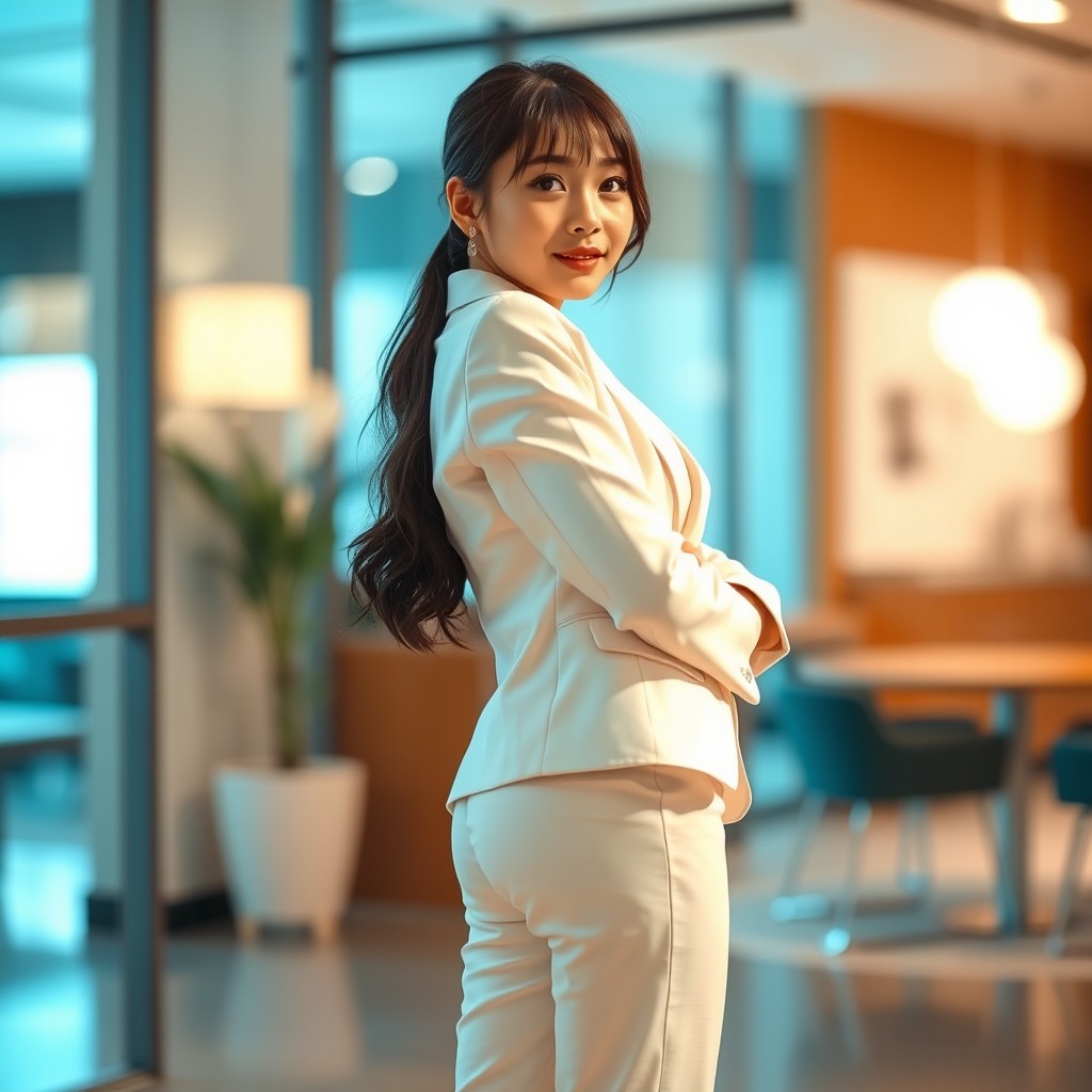 A beautiful young Japanese girl posing elegantly in a white business suit, showcasing her figure with a playful twist, highlighting her curves