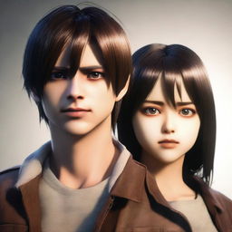 A hyper-realistic image of Eren Yeager with an MS burn haircut and Mikasa Ackerman from Attack on Titan, both depicted with lifelike human features.