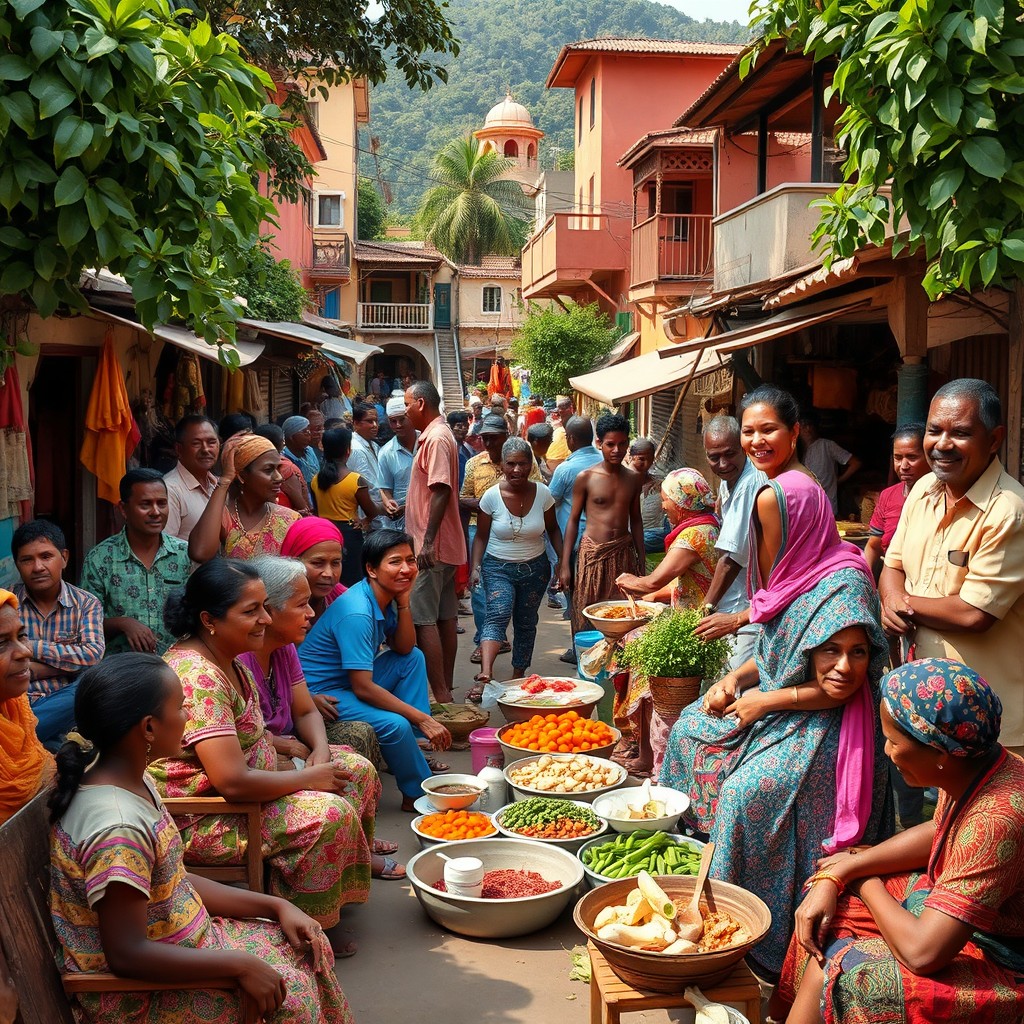 A vibrant scene showcasing the rich culture and lifestyle of the global south, featuring diverse groups of people engaging in traditional and modern activities, colorful markets with various goods, lush greenery, and dynamic architecture representing different regions