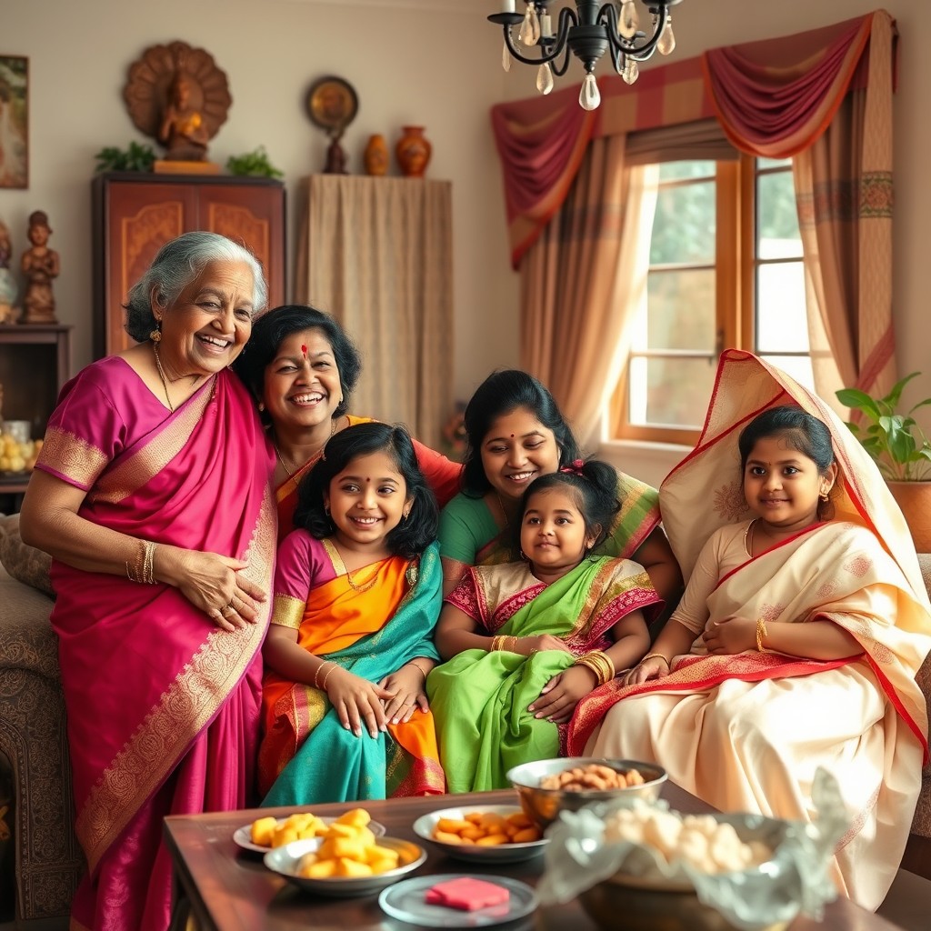 A warm and joyful Indian family gathered together in a cozy home setting, depicting a multi-generational family with grandparents, parents, and children