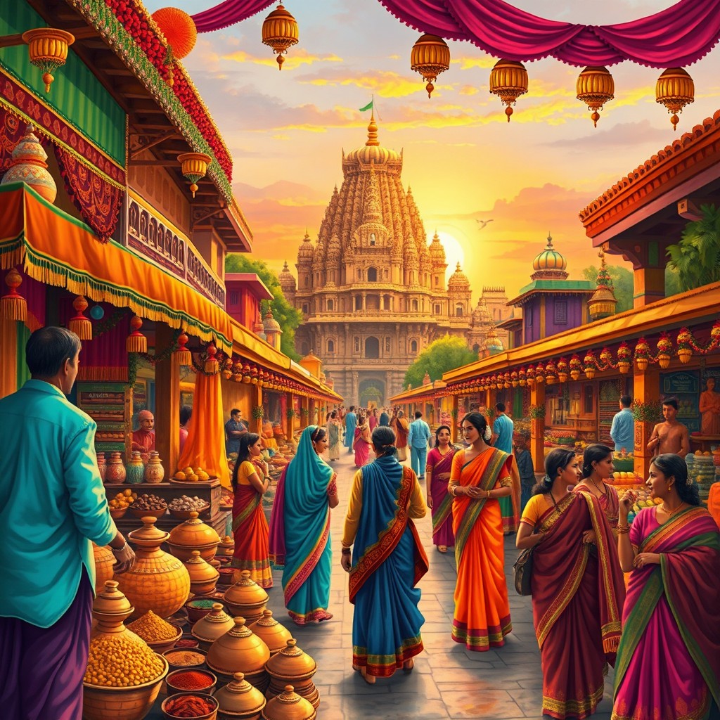 A vibrant and richly detailed illustration depicting a traditional Indian scene showcasing cultural elements such as colorful textiles, intricate architecture, and festive decorations