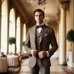 A well-dressed, sophisticated gentleman standing amidst an elegant setting