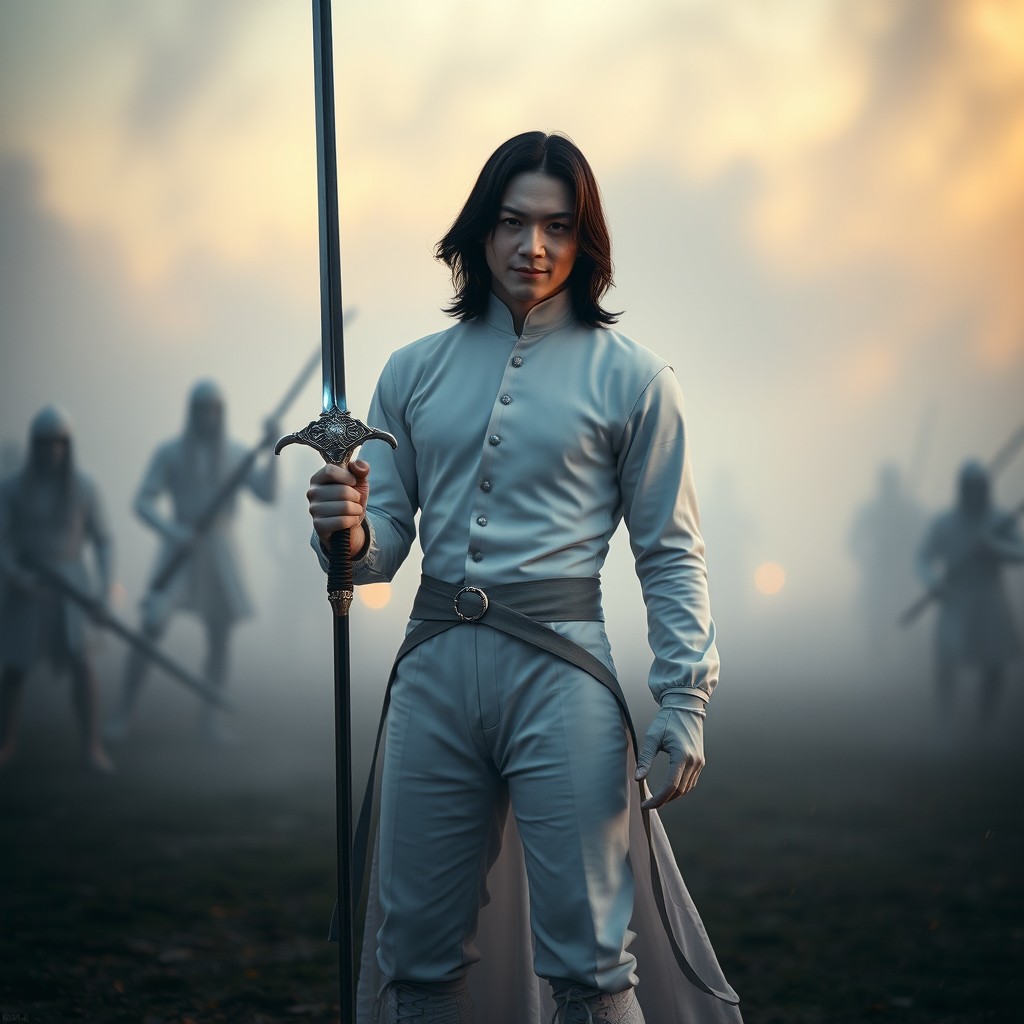 A photorealistic cinematic portrait of Drem, the god of dreams, standing on a misty battlefield at twilight
