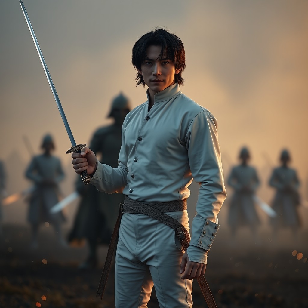 A man standing on a battlefield, featuring porcelain-white skin, jet-black shoulder-length hair, and fully black eyes