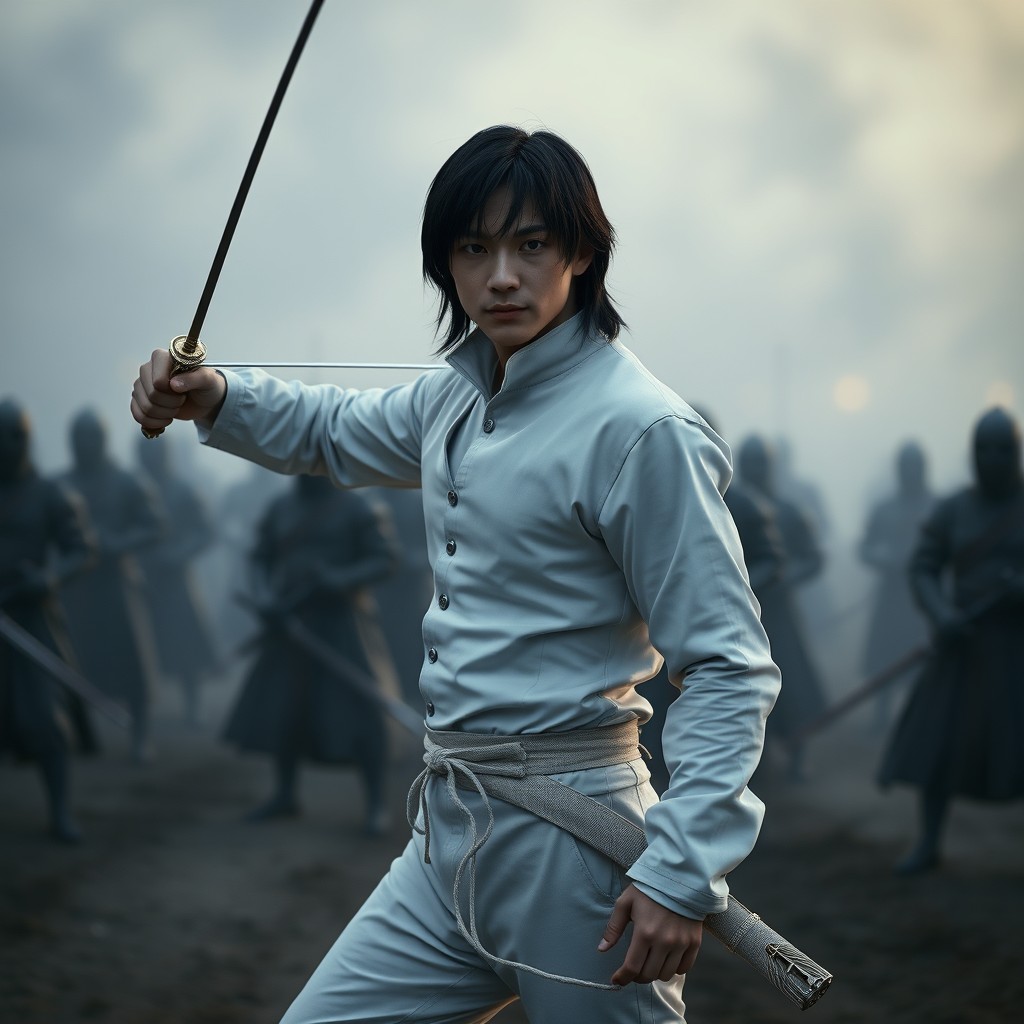 A man on a battlefield, characterized by porcelain-white skin, jet-black shoulder-length hair, and fully black eyes, depicted as Caucasian