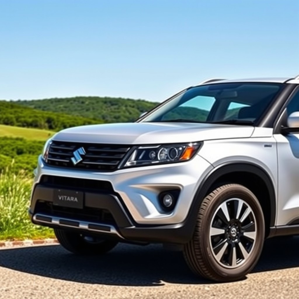 A sleek silver 2019 Suzuki Vitara parked on a sunny day, showcasing its modern design with sharp lines and a distinctive front grille