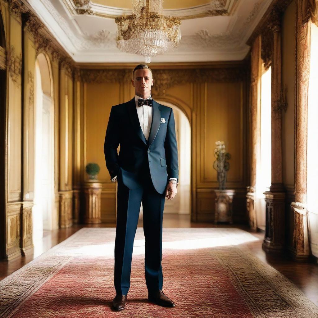 A well-dressed, sophisticated gentleman standing amidst an elegant setting