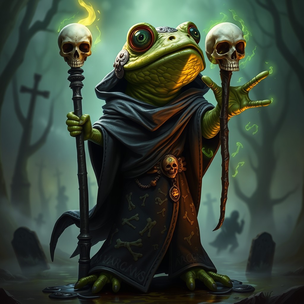 A vibrant and mystical portrayal of a frog-like necromancer character for Dungeons & Dragons