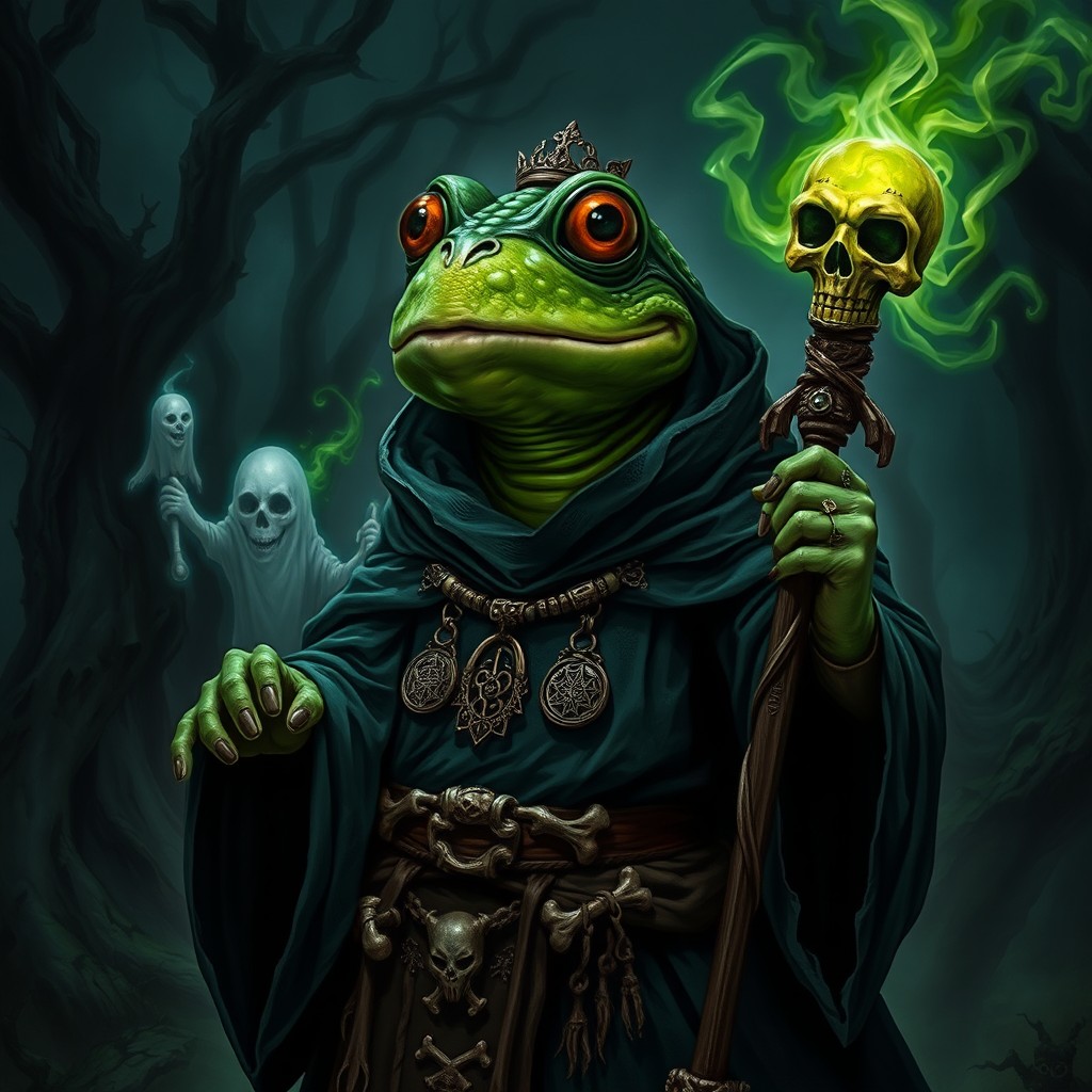 A detailed and imaginative depiction of a frog-like necromancer character for Dungeons and Dragons