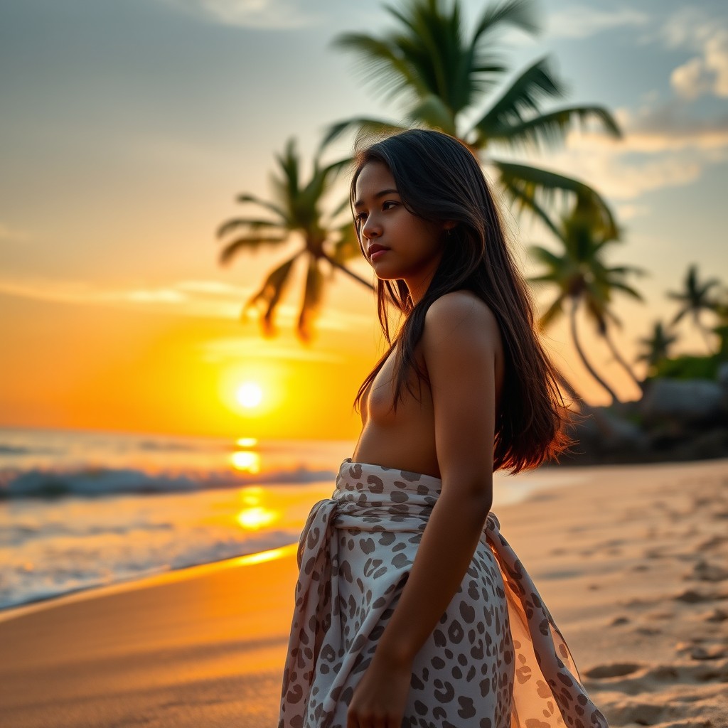 A beautiful Chindo girl standing on a sandy beach in Bali, wearing a flowing white leopard print sarong
