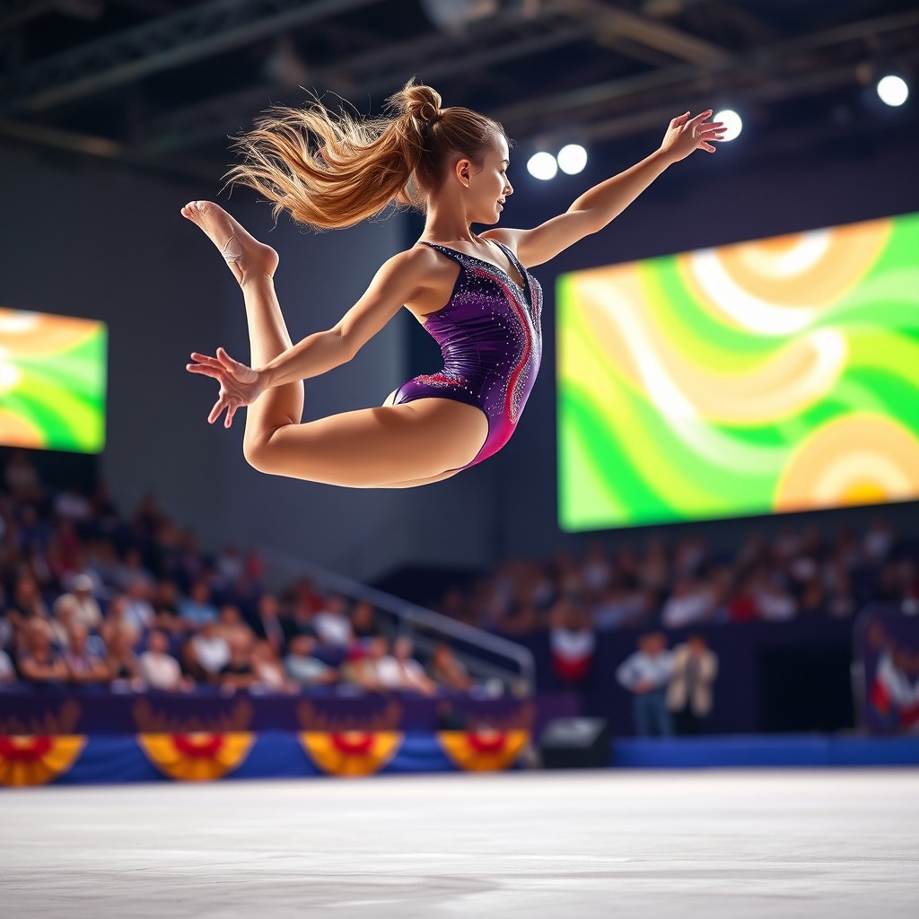 A graceful gymnast performing an elegant floor routine, showcasing incredible flexibility and strength