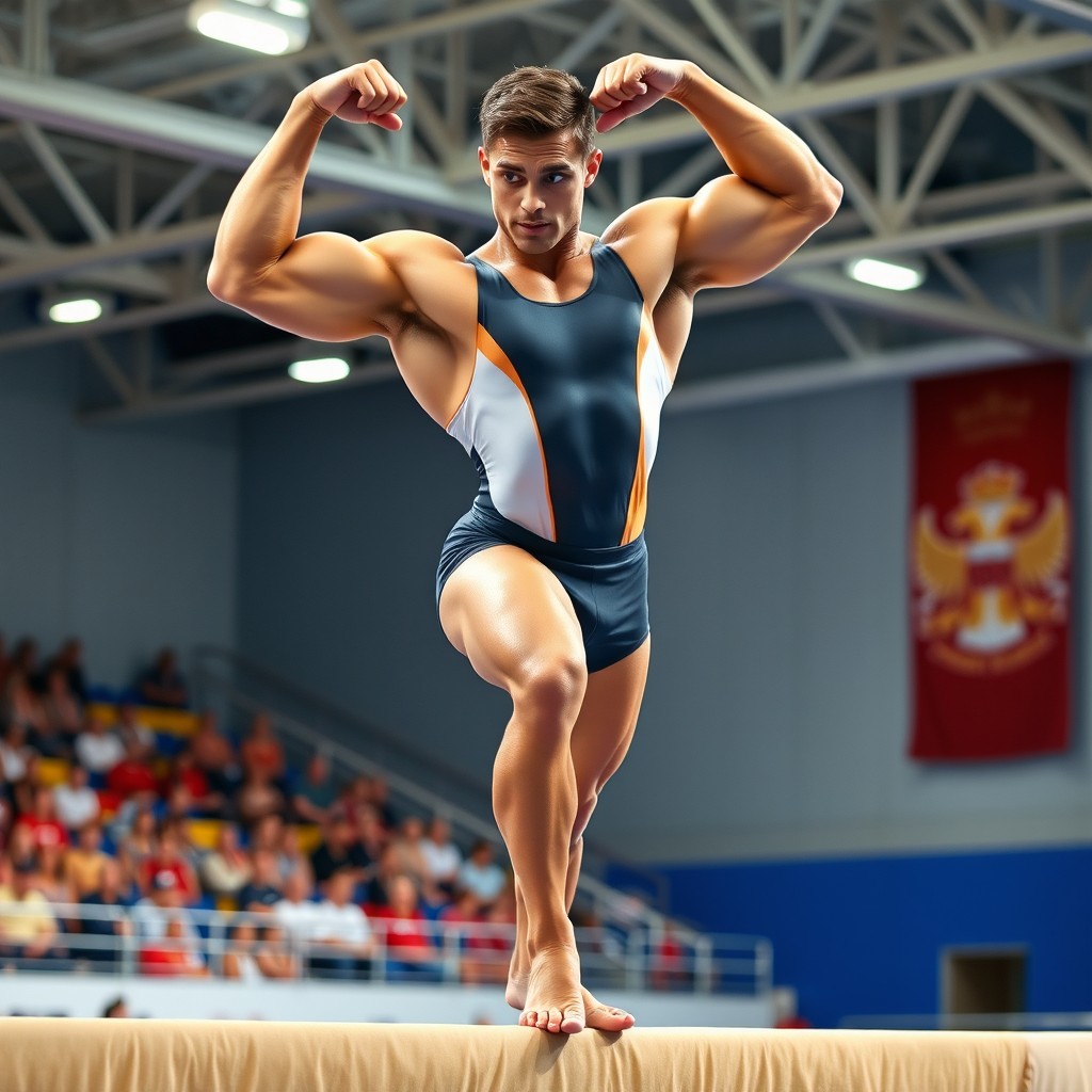 A powerful gymnast showcasing their strong, well-defined muscles in an athletic pose on a balance beam