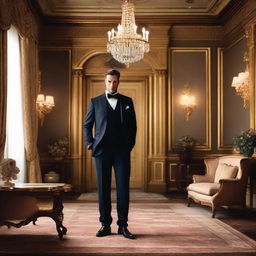 A well-dressed, sophisticated gentleman standing amidst an elegant setting