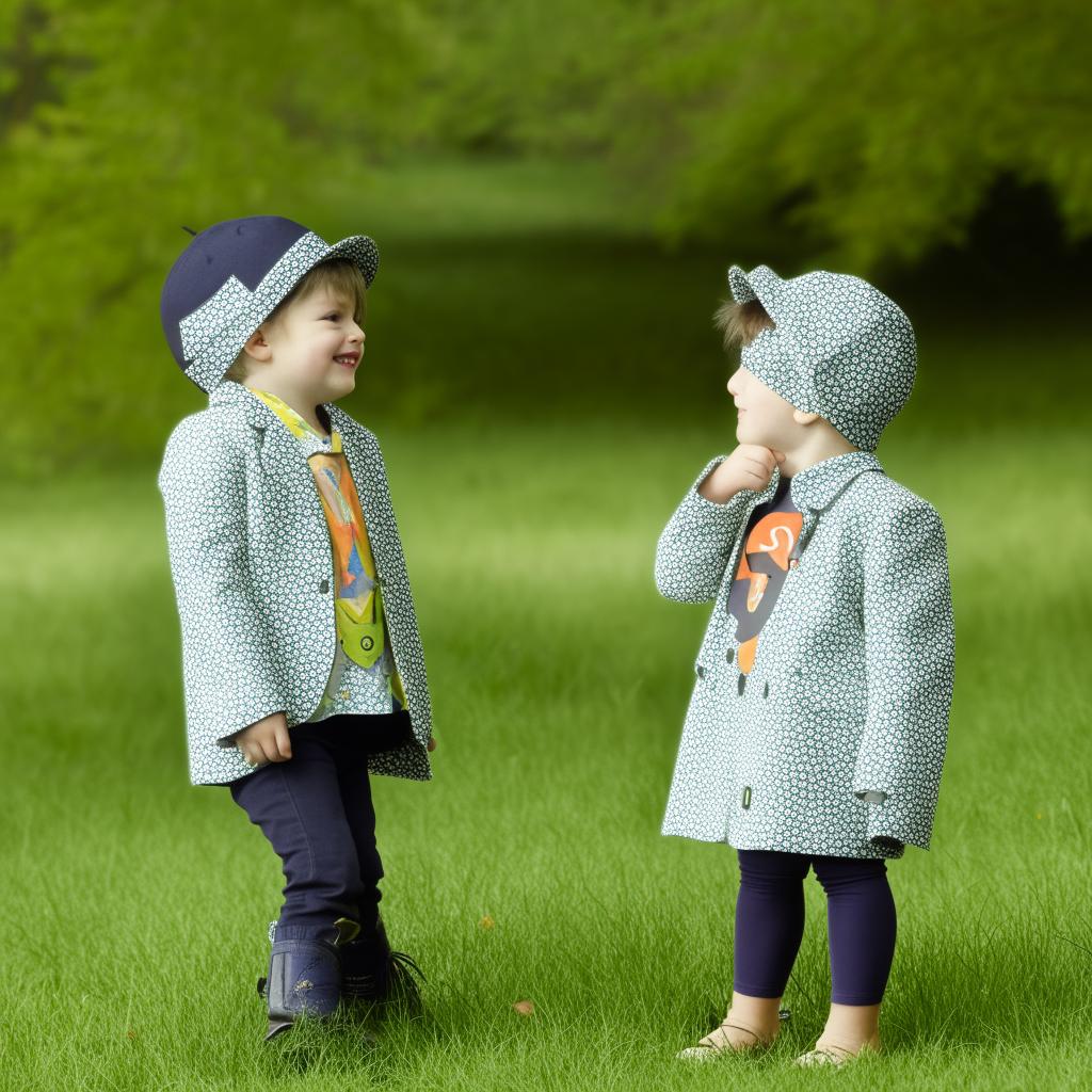 A lovely image of a boy and girl making eye contact in a park, each wearing outfits decorated with the alphabet 'S'.