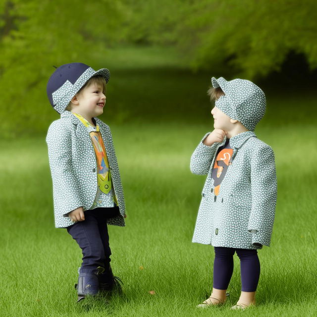 A lovely image of a boy and girl making eye contact in a park, each wearing outfits decorated with the alphabet 'S'.