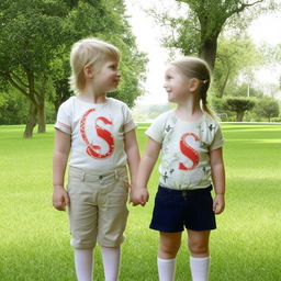 A lovely image of a boy and girl making eye contact in a park, each wearing outfits decorated with the alphabet 'S'.